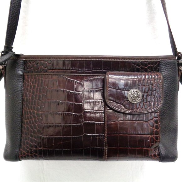 VTG BRIGHTON Organizer Black & Brown Leather Croc Embossed Shoulder Bag Purse - Picture 1 of 16